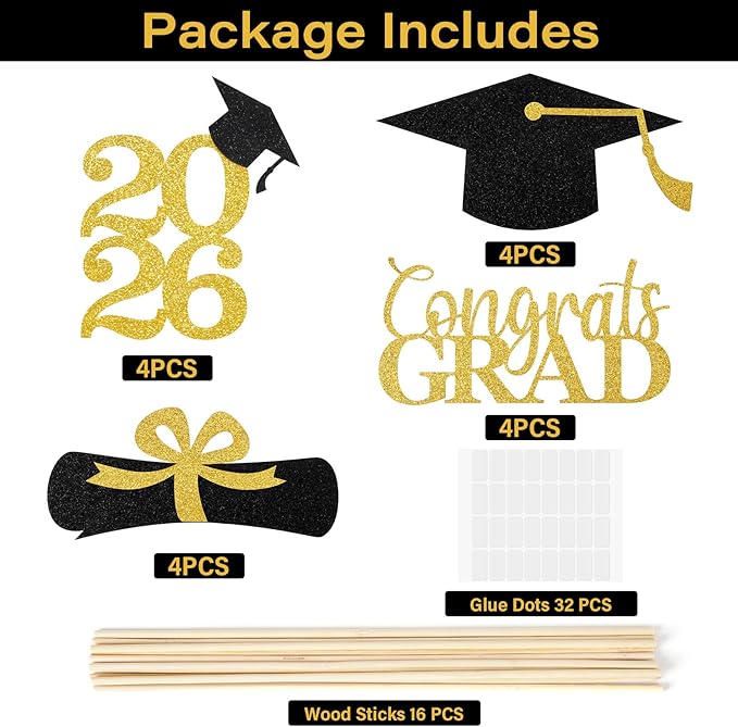 Graduation Decorations 2026, 16 PCS Black Gold Graduation Centerpieces for Tables, Double-Sided Table Toppers Centerpieces, Class of 2026 Grad Party Decorations 2026