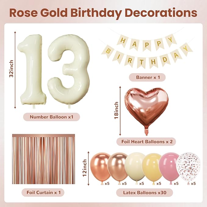 13th Birthday Decorations for Girl, Retro Sand White and Cream Balloon Garland Kit, Cream Number 13 Balloon, Pink Official Teenager Banner, 13 Year Old Party Supplies