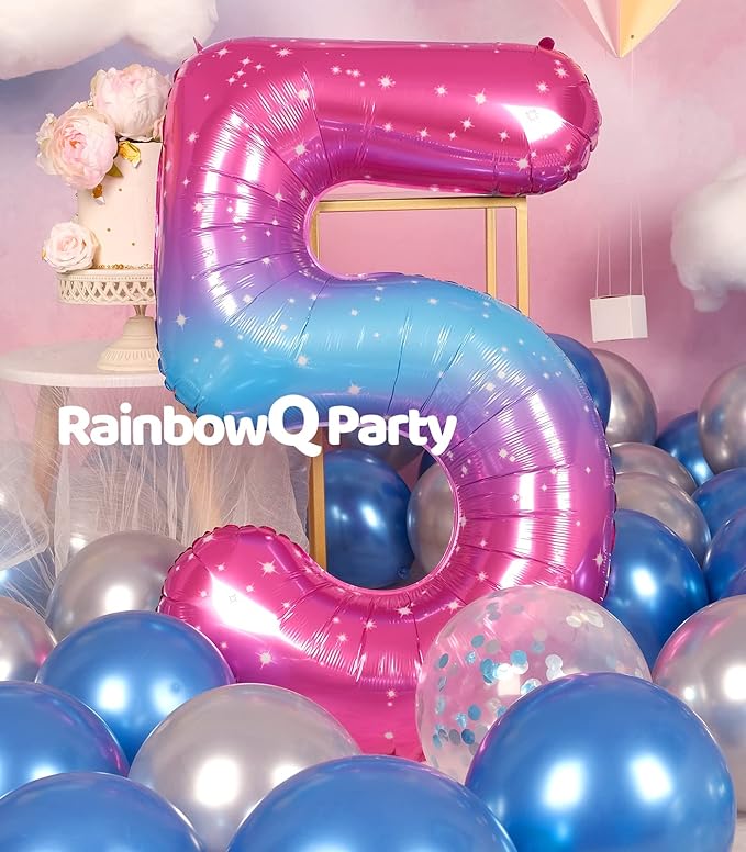 5 Balloon Number 40 Inch for Boy or Girl Big Starry 0-9 Foil Mylar Large Number 5 Balloon Happy 5th Birthday Party Anniversary Decorations Supplies