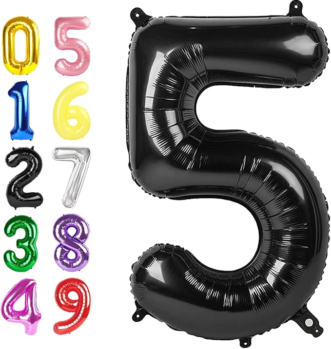 Number 5 Balloon 40 Inch, Foil Balloons for Boys And Girls, Black Number Balloons for 5, 15, 25, 50 Birthday Party Decoration, Anniversary, Christmas, Thanksgiving Day