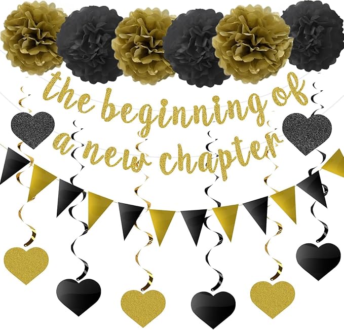 The Beginning of a New Chapter Banner Funny Going Away Party Graduation Happy Retirement Party Decorations Supplies Glitter Black Gold Goodbye Farewell Party Decoration for Coworker Friends Graduates