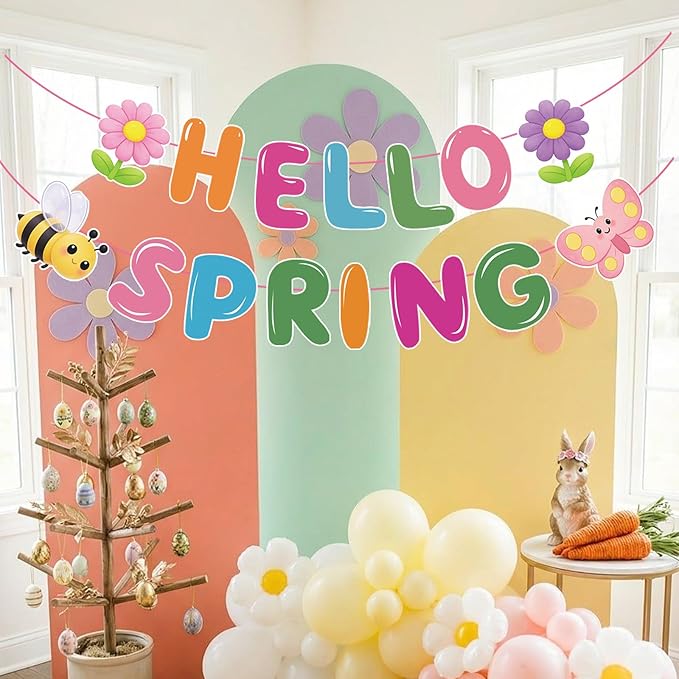 Hello Spring Banner,Colorful Spring Party Decorations with Bee, Butterfly & Flower for Spring Theme Party, Classroom,Office,Home Decor (No DIY Needed)