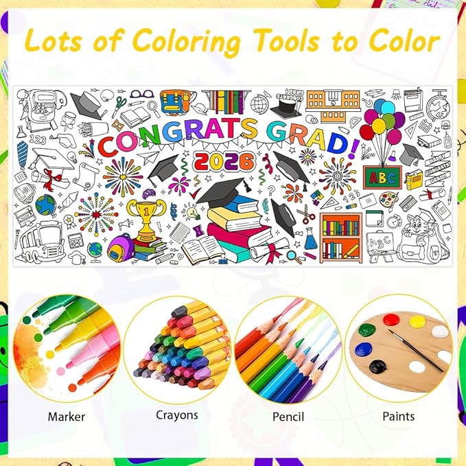 2 PCS Congrats Grad Coloring Tablecloth/Poster, Kindergarten Graduation Gifts, 72" X 30" Gaint Paper Coloring Tablecloth for Kids Crafts Activities, DIY Kindergarten Preschool Graduation Decorations