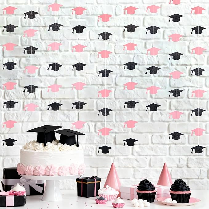 Black and Pink Graduation Garland Graduation Party Decorations Class of 2026 Grad Cap Garland Banner Streamers for Grad Party Hanging Decorations 39Feet