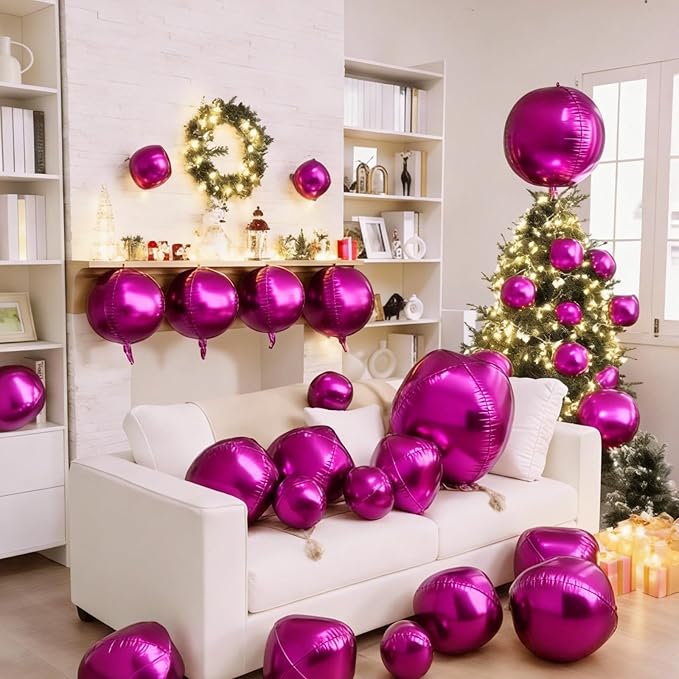 12Pcs Hot Pink Round Balloons Foil, 22" 18" 15" 10" 4D Round Ball Balloon, Large Hot Pink Metallic Balloons for Wedding Anniversary Birthday Party Baby Shower Princess Decorations Supplies