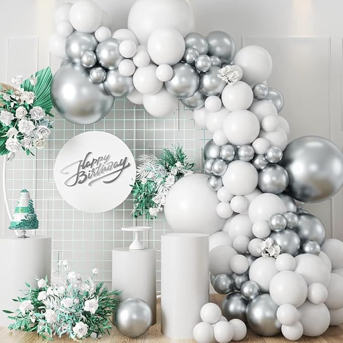 Silver and White Balloon Garland Kit, Metallic Silver White Balloon Arch Kit, Helium Latex Balloons Different Sizes 18/12/10/5 Inch for Wedding Birthday Baby Shower Anniversary Party Decorations