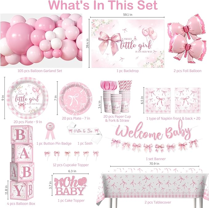 cocomigo 238 Pcs Pink Bow Baby Shower Decorations, All-in-One Party Pack for 20 Guests, Includes Tableware, Backdrop, Banner, Balloons and More for Bow Themed Baby Shower Decorations