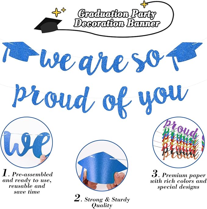 2026 Graduation Decorations Pre-Strung Blingbling We Are So Proud of You Banner Glitter Graduation Garland for Class of 2026 High School College Grad Party (Blue)