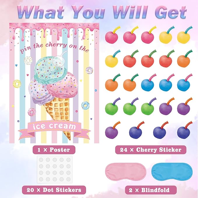 Pin The Cherry on The Ice Cream Game with 24 PCS Cherry Stickers Games Poster for Kids Girls Birthday 21'' x 28''
