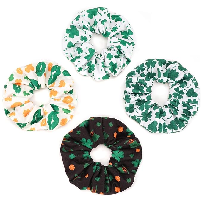 St Patrick's Day Hair Ties for Women Girls Lucky Green Shamrock Hair Scrunchies Irish Elastics Hair Bands Scrunchy Ropes Hair Accessories 4PCS