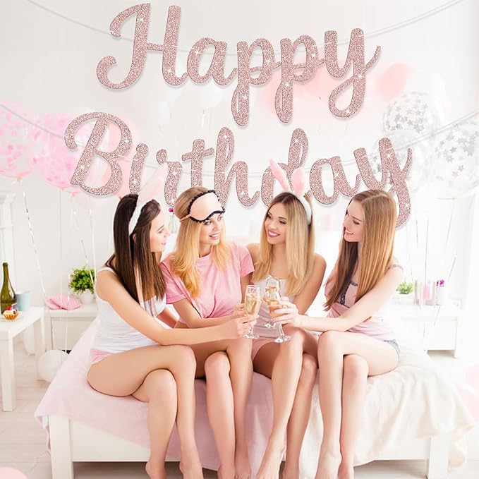 Glitter Happy Birthday Banner Sign Birthday Garland Wall Door Banners Flag for Women Men Boys Girls Party Backdrop Decorations Rose Gold