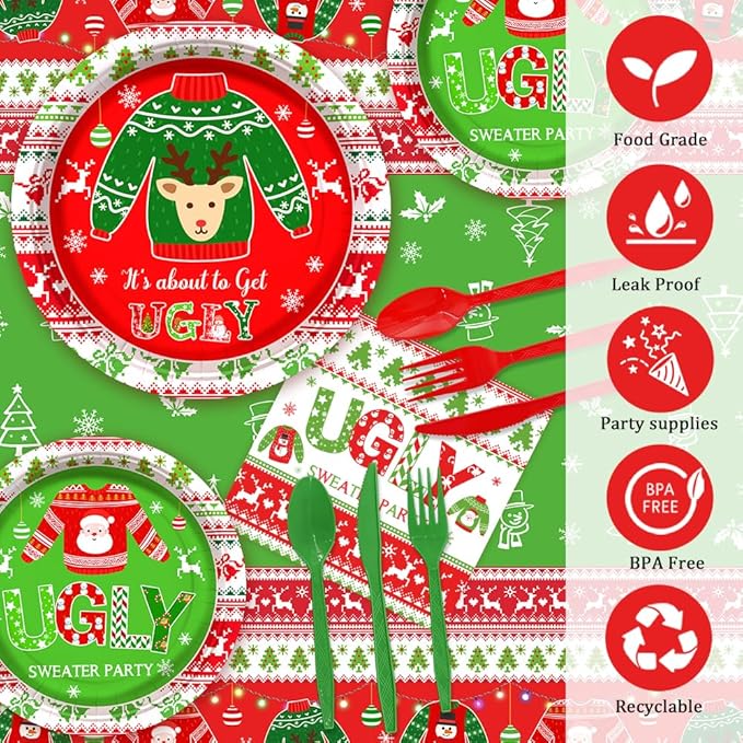 194pcs Christmas Ugly Sweater Decorations Xmas Disposable Dinnerware Set with Includes Plates, Cup, Napkin, Tablecloth, Tableware, New Year Ugly Sweater Party Supplies Plates Serve 24 Guests
