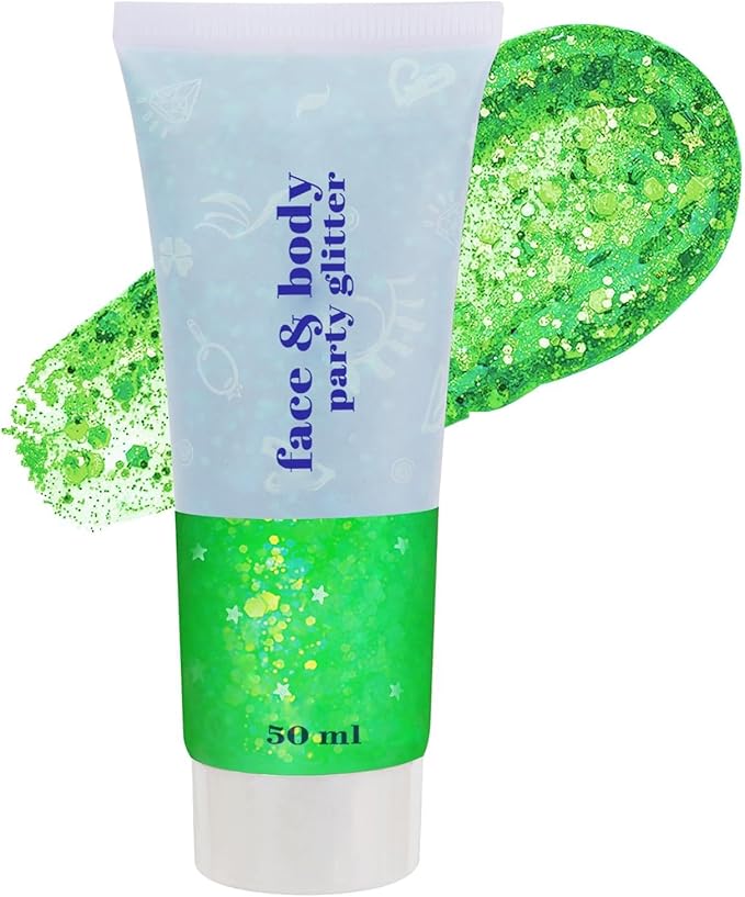 Go Ho Light Green Face Body Glitter,St Patricks Day Accessories - Sparkly Face Hair Glitter Makeup,Green Face Paint,Holographic Chunky Sequins Glitters for Eye Lip Hair