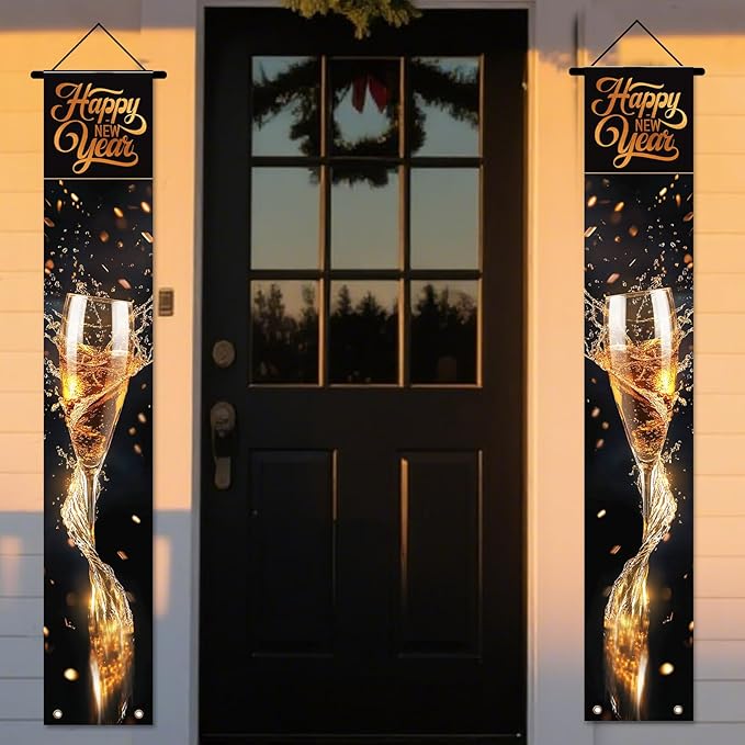 Nuxovilar New Year Decorations Outdoor Yard Front Porch Sign Set, Gold Champagne Glass "Happy New Year" Door Banners, Hanging Decor for Home
