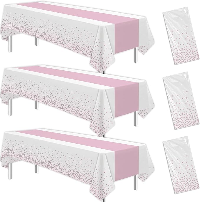White and Pink Party Decorations Tablecloth, 3 Pack Disposable Light Pink Dot Table Cover Printed Table Runner for Birthday Baby Bridal Shower Wedding Anniversary Graduation, 86in x 55in