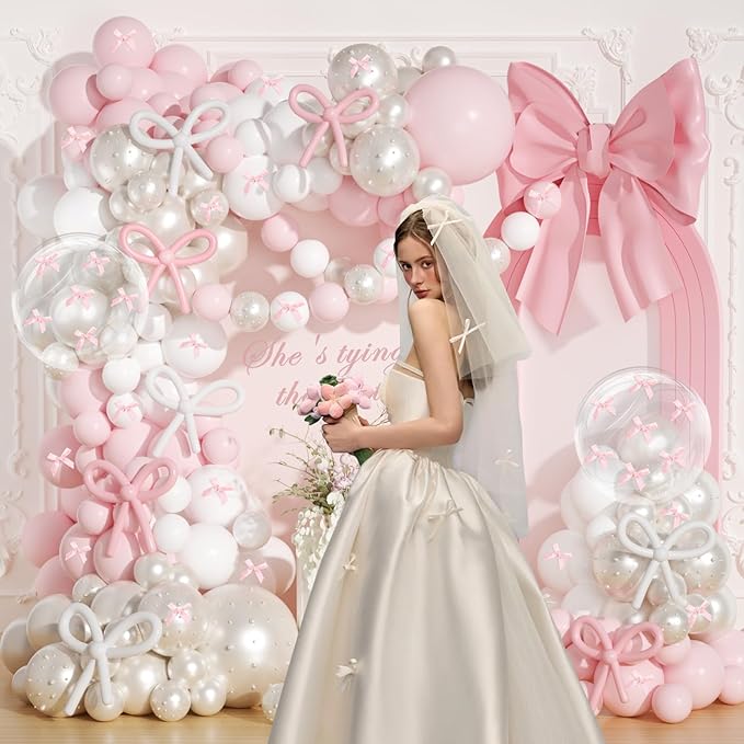 Pink Bow Birthday Decorations,220Pcs Pink Bow Balloon Arch Kit with 260 Clear Double Stuffed Pearl Balloons Ribbon Bow Pearl Stickers for Bow Coquette Birthday Bachelor Bridal Baby Shower Wedding