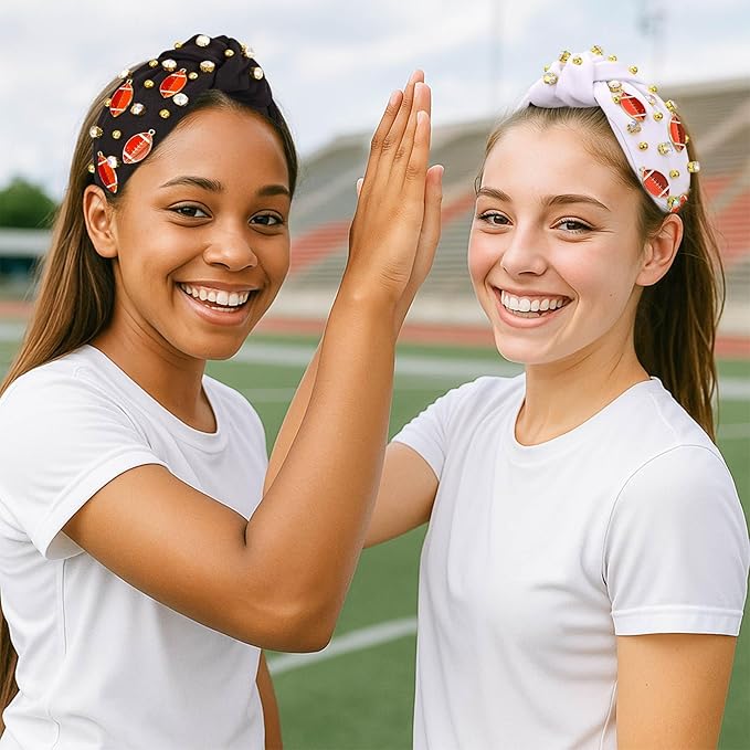 Football Headband for Women, Rhinestone Wide Jeweled Fashion Knotted Hairband for Game Day, Football Costume Sports Hair Accessories for Football Mom Cheer Fans Party Gift - Black