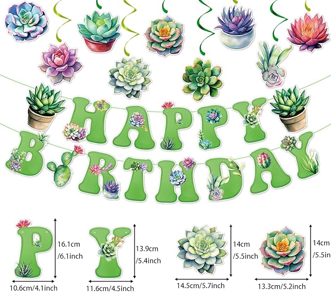 Zwiebeco Multicolored Succulent Plants Happy Birthday Banner Bunting Hanging Paper Swirls Garland Party Decorations for Spring Summer Plant Themed Boys Girls Baby Shower Decor Accessories Supplies