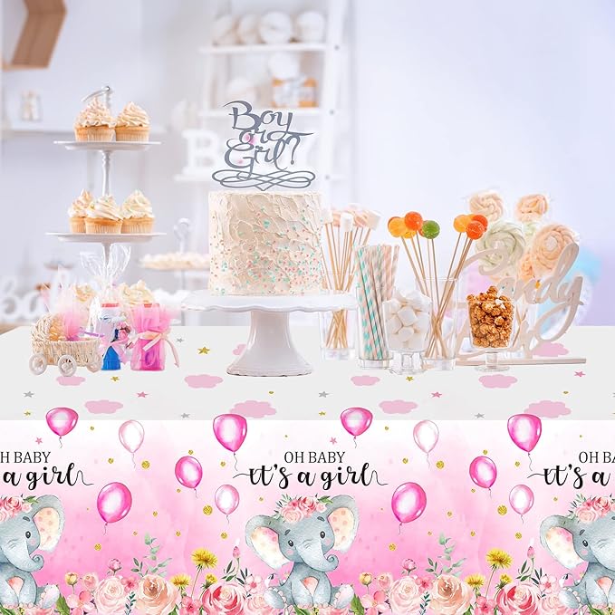 3 Pack Elephant Baby Shower Decorations - Plastic Tablecloth Table Cover Backdrop for Boy Girl Gender Party Supplies, 54 x 108 Inch, Pink
