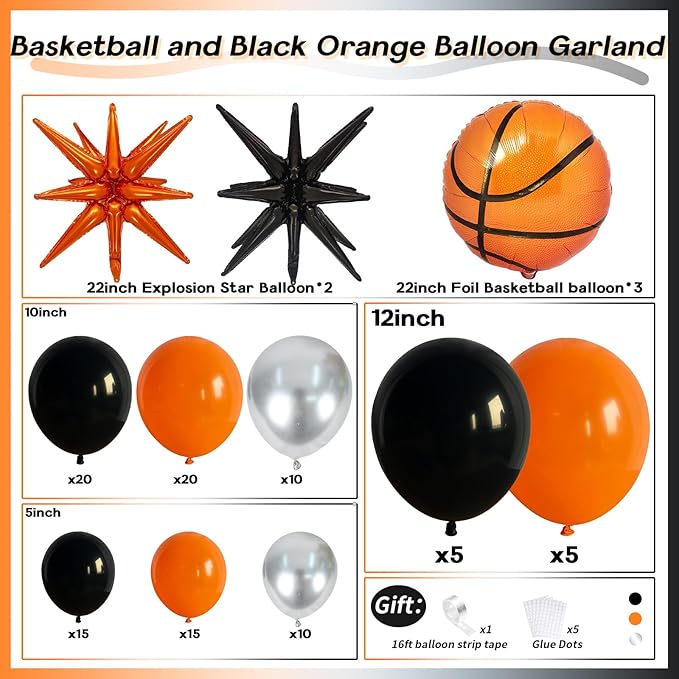 Basketball Balloon Arch Kit, 111pcs Orange and Black Silver Balloons Garland Kit with Explosion Star Balloons, Sports Balloon Kit for Boys Birthday Baby Shower Sports Theme Decorations Supplies