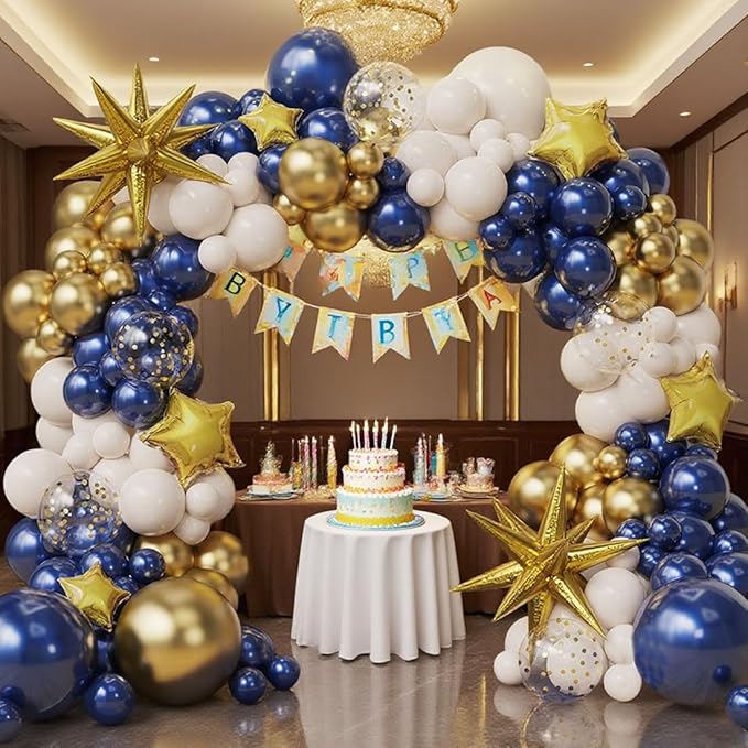 Navy Blue Gold Sand white Balloon Garland Arch Kit, Royal Blue White Metallic Gold Confetti Mixed Sizes Balloons for Anniversary Baby Shower Wedding Birthday Party Decorations