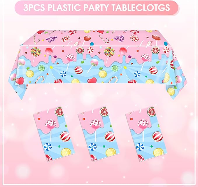 Sweet Candyland Tablecloth, 3Pcs Candies Theme Tablecloth, Colorful Lollipop Tablecovers for Girls Party Candy Land Christmas Party Decoration