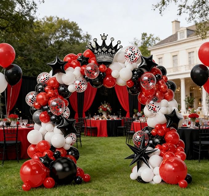 Black and Red White Balloon Garland kit,Red Black Confetti Crown star Foil balloons for Birthday Party anniversary wedding graduation