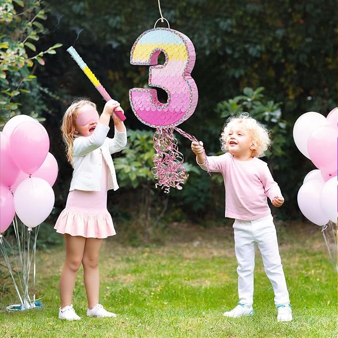 WERNNSAI Pink Sweet Three Piñata - Number 3 Piñata Happy Birthday Decoration Pink Rainbow Design Party Games for Girl Princess Baby Shower Party Favor with Blindfold Anniversary Celebration Supplies