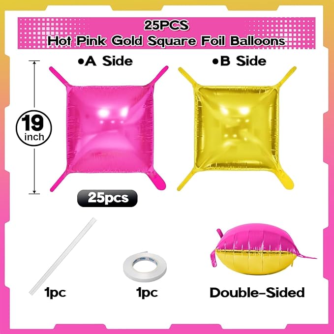 Hot Pink Gold Square Foil Balloons, 25PCS Double Sided Metallic Gold Chrome Pink Square Balloons Backdrop Wall Tunnel Arch Kit Background for Girls Women Birtdays Wedding Baby Shower Valentine