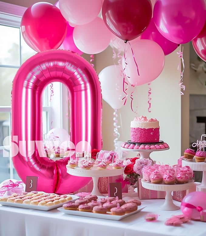 SUWEN 40 Inch Hot Pink Large 0 Balloon Numbers Big Foil Helium Number Balloons 0-9 Jumbo Happy 0th Mylar Birthday Party Decorations for Girl Anniversary Party Supplies
