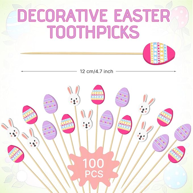 100 Pcs Easter Toothpicks, 4.72 Inch Easter Cocktail Picks for Appetizers, Long Bamboo Toothpicks, Decorative Toothpicks Skewers for Holiday Birthday Party Decorations (Easter Rabbit and Egg)