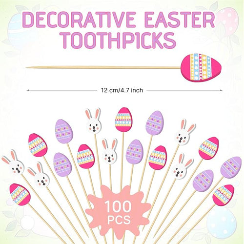 100 Pcs Easter Toothpicks, 4.72 Inch Easter Cocktail Picks for Appetizers, Long Bamboo Toothpicks, Decorative Toothpicks Skewers for Holiday Birthday Party Decorations (Easter Rabbit and Egg)