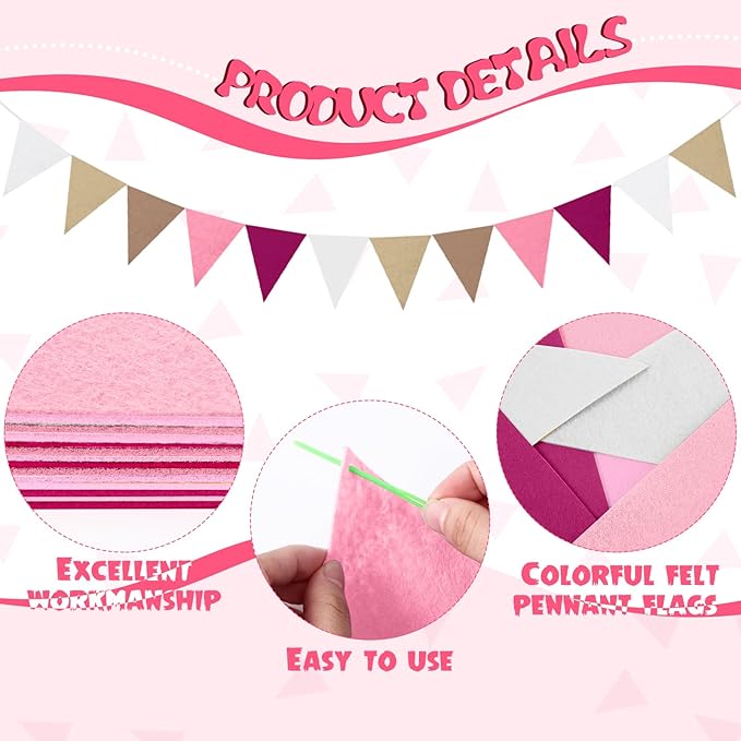 Irenare 9.8ft Pom Pom Garland Felt Rainbow Garland Graduation Party Decoration Colorful Pennant Tassel Banner Birthday Baby Shower Triangle Banner for Classroom School Mantel Fireplace(Pink)