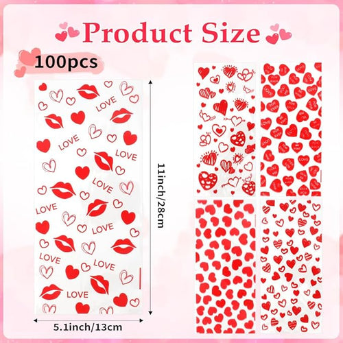 100 PCS Valentines Cellophane Bags(5x11 Inch) with Ties for Candy Goodie Treat Snack Goody Cookie Small Gifts Wrap Plastic Ziplock Bag Baggies Pouch Valentine Galentine Party Favors Supplies Decor
