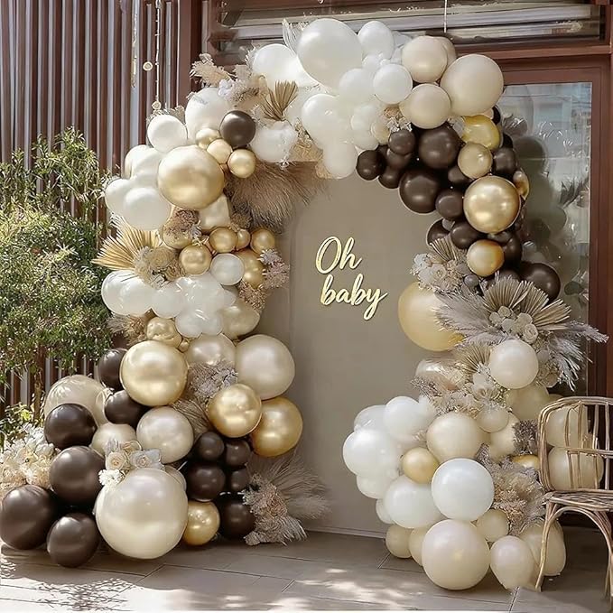Brown White Balloon Garland Double Stuffed Dark Brown Beige Sand White Pearl Gold Balloon Arch Kit for Neutral Baby Shower Birthday Wedding Woodland Teddy Bear Party Decorations