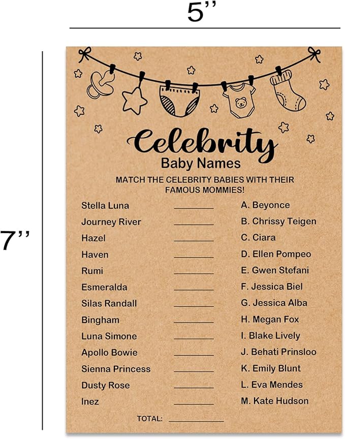 Baby Shower Game, Celebrity Baby Names, Baby Shower Party Games Supplies & Activities, Baby Shower Decorations, Baby Shower Ideas, Set of 30 Cards, Kraft