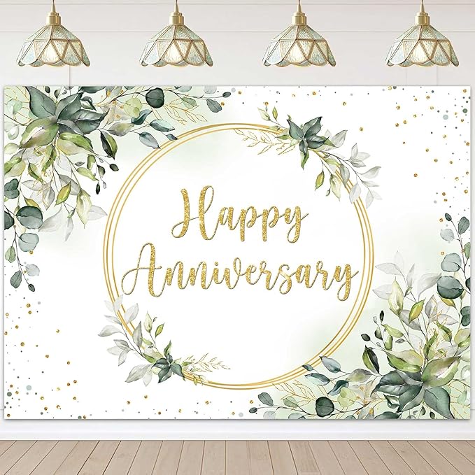 Sensfun 7x5ft Happy Anniversary Backdrop Sage Green Eucalyptus Wedding Anniversary Party Decorations Greenery Marriage Memorial Day Cheers to 10 Years 25th 40th 50th Wedding Day Banner