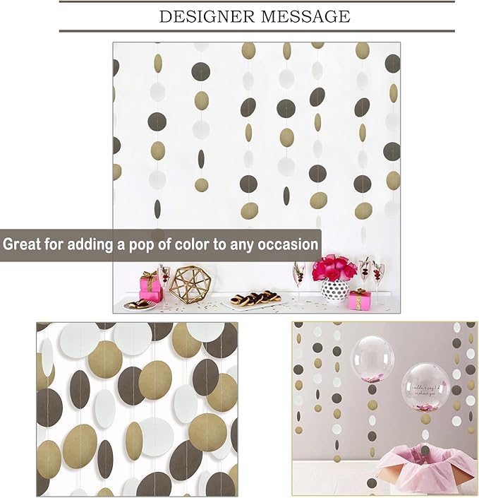 MerryNine Paper Garland 5 Pack, 50ft Glitter Paper Garland Circle Dots Hanging Decor, Banner for Baby Shower, Birthday, Nursery Party Decor (Brown Kraft Beige)