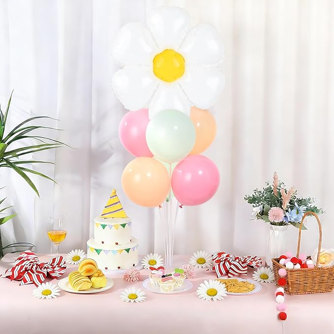 Daisy Party Balloons Stand Kit 2 Sets with 2 White Daisy Flower Foil Balloons Fresh Flower 1st Party Balloon Centerpieces for Tables for Spring Theme Mothers Day Daisies Themed Birthday Decorations