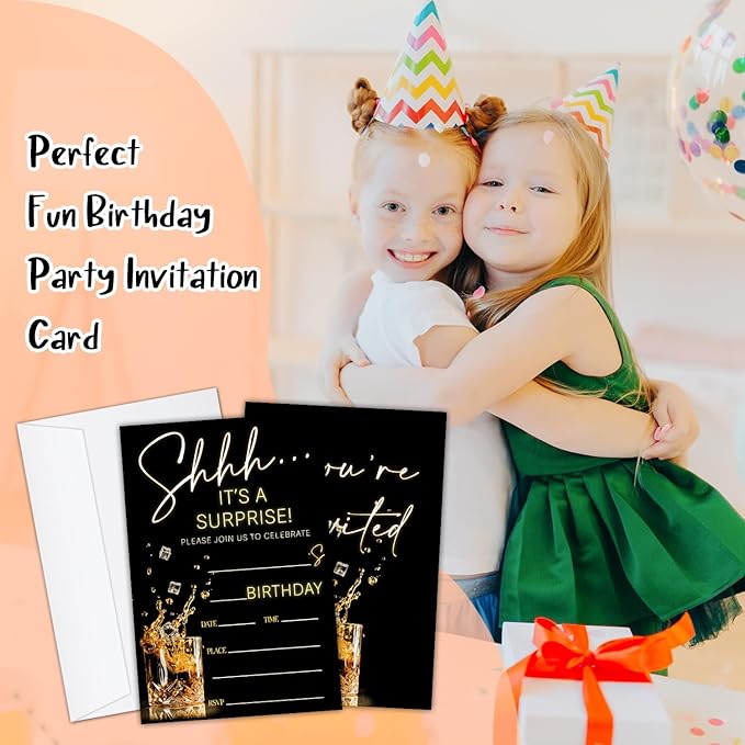Shhh It's A Surprise Birthday Party Invitation Cards for Adults Women Men, Black Gold Birthday Celebration Party Invite Cards Supplies, 20 Double-Sided Fill In Invites With Envelopes -15