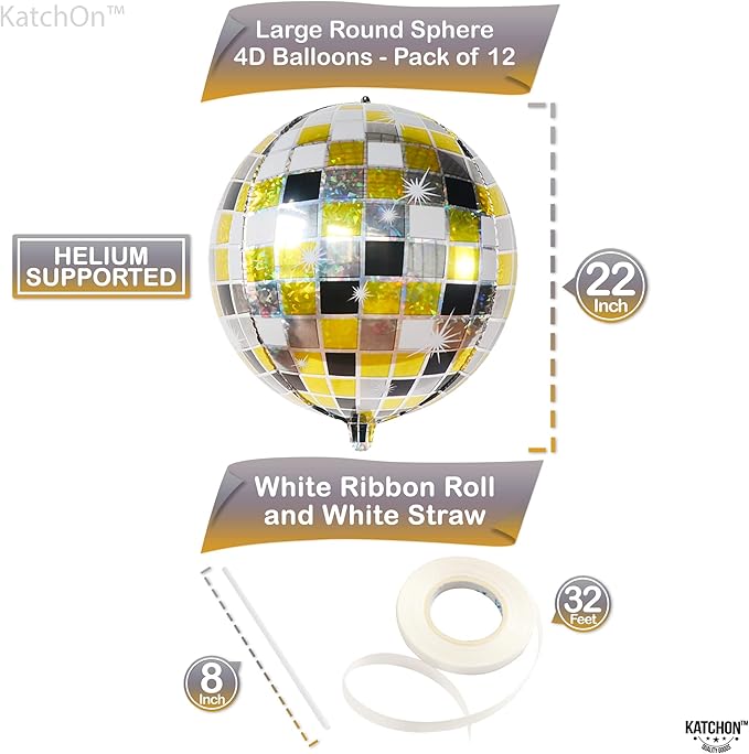KatchOn, Shiny Disco Ball Balloons - Big 22 Inch, Pack of 12 | Foil Black and Silver Disco Balloons for Disco Ball Decor | Black and Gold Graduation Decorations 2025 | Bachelorette Party Decorations