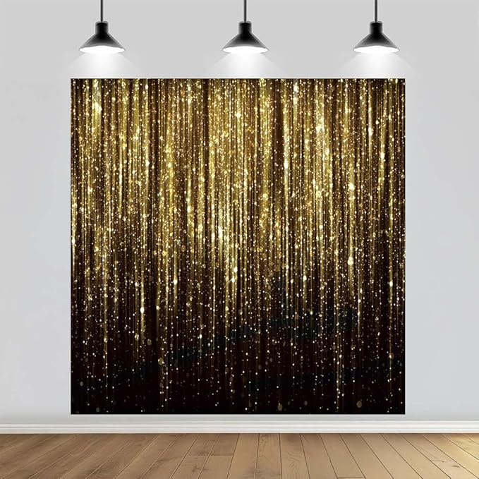 8x8 FT Black Gold Glitter Photo Backdrop Golden Spots Bokeh Sequin Portrait Photography Background Happy New Year Baby Shower Birthday Anniversary Party Banner Decorations Polyester