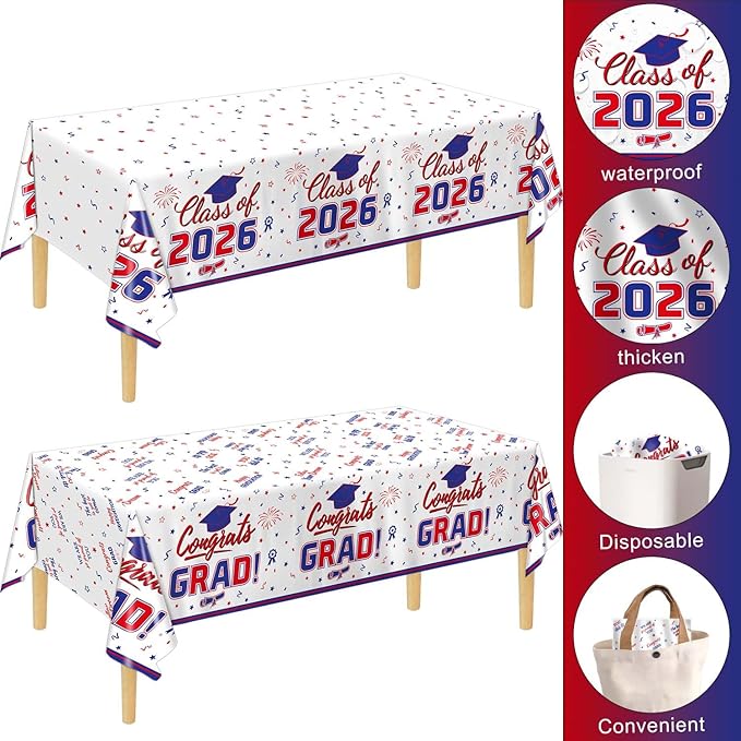 Oigco 2026 Graduation Decorations, 2 Pack Red and Blue Graduation Tablecloths Class of 2026, Congrats Grad Plastic Rectangle Table Cloths for Graduation Party Decorations, 54 x 108 Inch