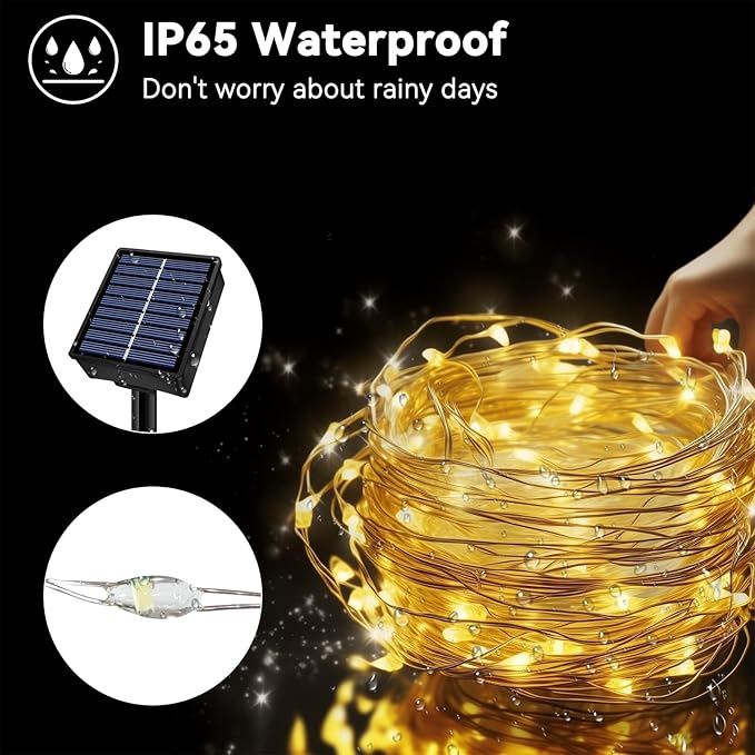 Solar String Lights Outdoor Waterproof 33ft 100LED 8 Modes Twinkle Lights Solar Fairy Lights for Patio, Garden Yard Party Wedding Tree Christmas Halloween Decoration, Warm White