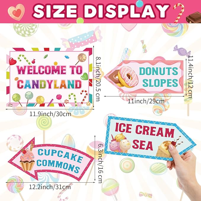 20 Pieces Candyland Decorations Welcome to Candyland Signs Candy Party Decorations for Kids Girls Candy Land Themed Birthday Party Halloween Christmas Trunk or Treat Car Decorations