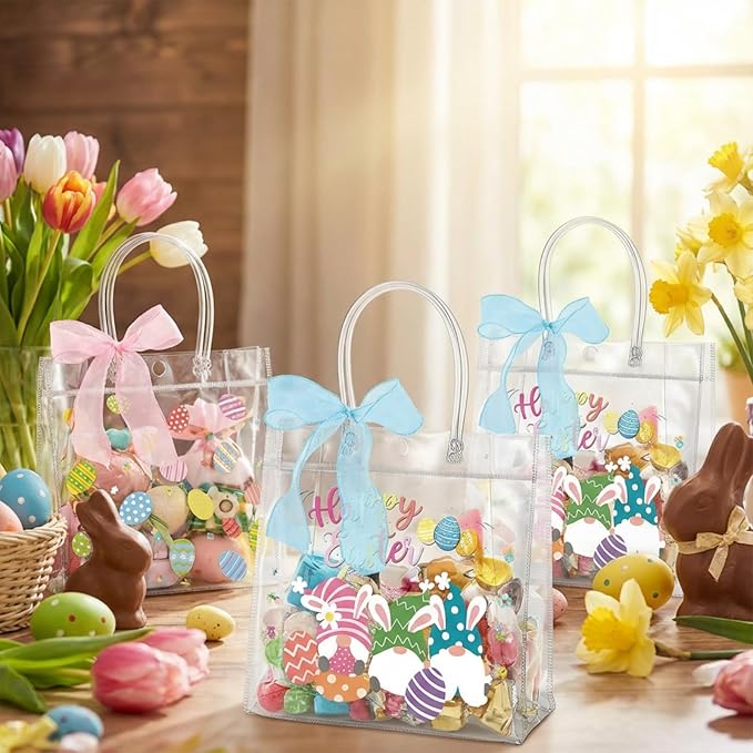 Henoyso 24 Pcs Easter Clear Gift Bags with Handles Plastic Treat Goodie Candy Bags Reusable PVC Party Favor Tote with Ribbon for Easter Birthday Party Gift Wrapping, 7.8 x 7.8 x 3.1 Inches