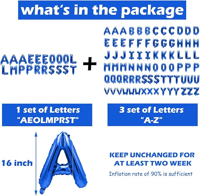 98 Pcs Blue Letter Balloons, Custom 3 Set A-Z Set for Personalizing Names & Phrases Party Supplies Banners - with 1 Set AEOLMPRST 20Pcs for Wedding/Birthdays/Annivs/Grads Party Banner Custom Phrase