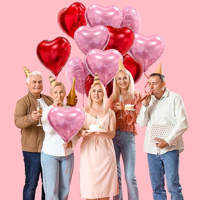 Pink Red Heart Balloons, 20 Pcs 18 Inch Heart Shaped Foil Balloons Galentines Balloons for Girls Birthday Wedding Anniversary Engagement Party Valentines Day Decorations