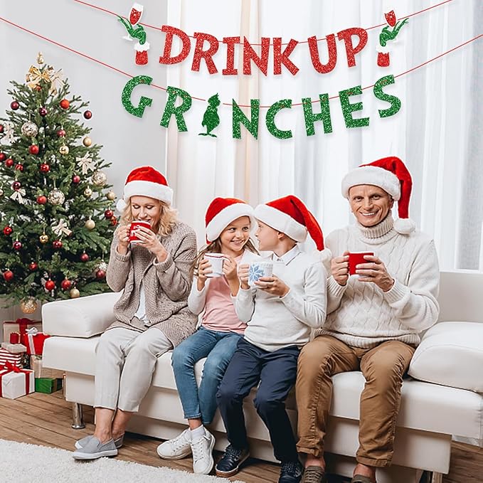 Christmas Banner Grinches Party Decorations Drink Up Banners Indoor, Glittery Christmas Decor Banner, Red Green Banner for Home Fireplace Decor