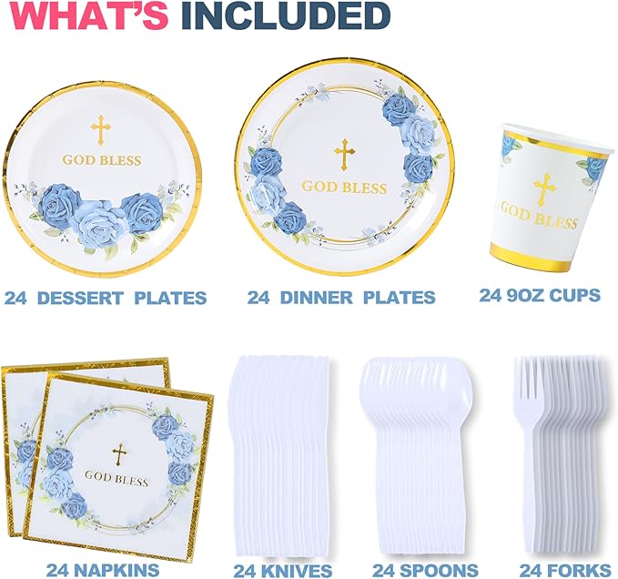 Religious Party Plates for 24 Guests - Baptism, First Communion, Confirmation (Blue)